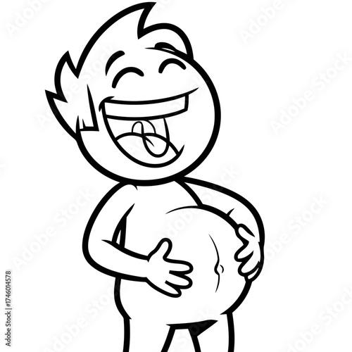 Cheerful cartoon character with large belly, laughing heartily with eyes closed and hands on its stomach