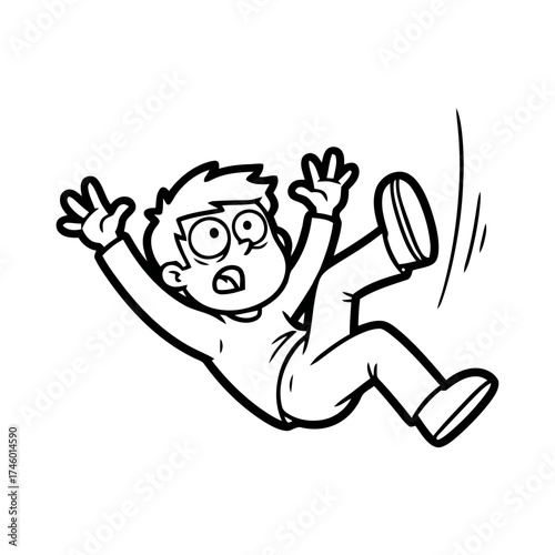 Cartoon man falling down with arms outstretched and surprised expression