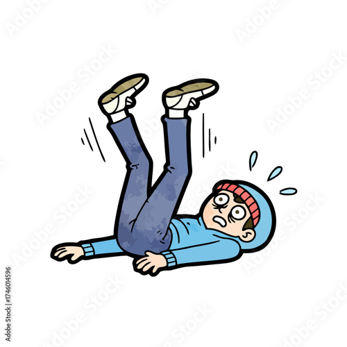 Cartoon person lying on the ground with legs in the air after falling, looking shocked