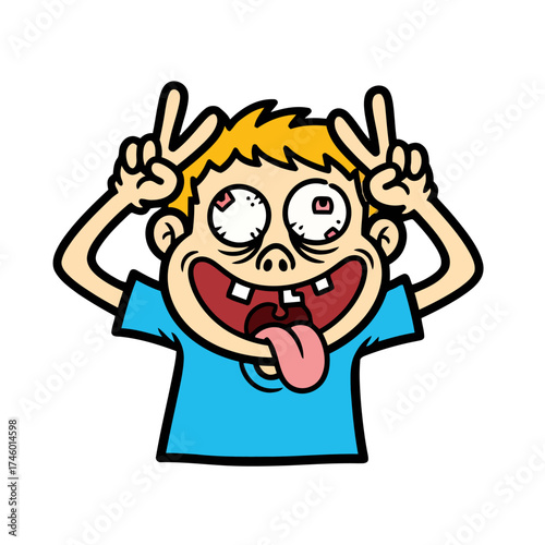 Silly cartoon boy making funny face with his tongue sticking out and fingers making peace signs