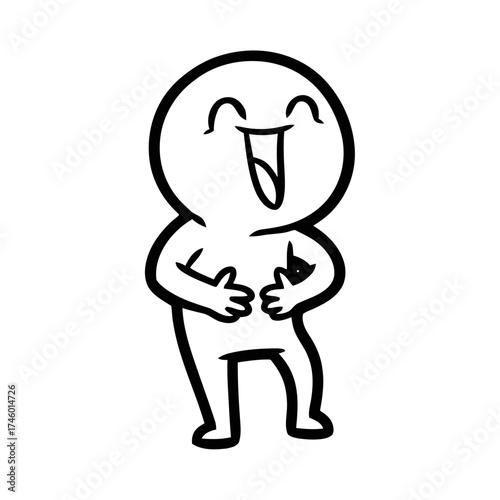 Simple cartoon character with large head and body, arms bent at the elbows, hands on stomach, laughing hysterically