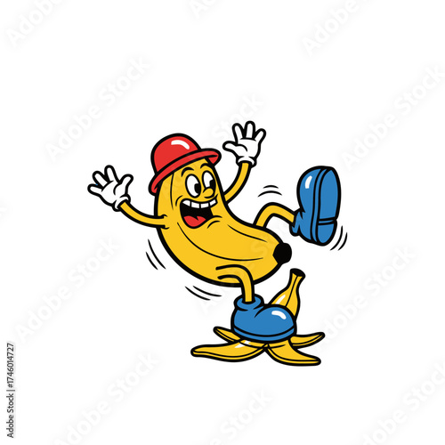 Funny cartoon banana character slipping on banana peel