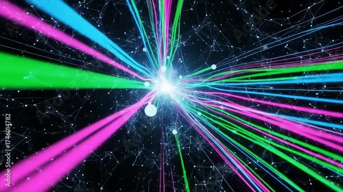 Abstract digital art of colorful light beams radiating from a central point.