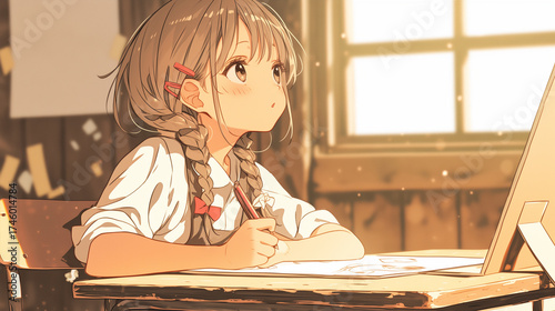 夕暮れの教室で想いを巡らせる少女