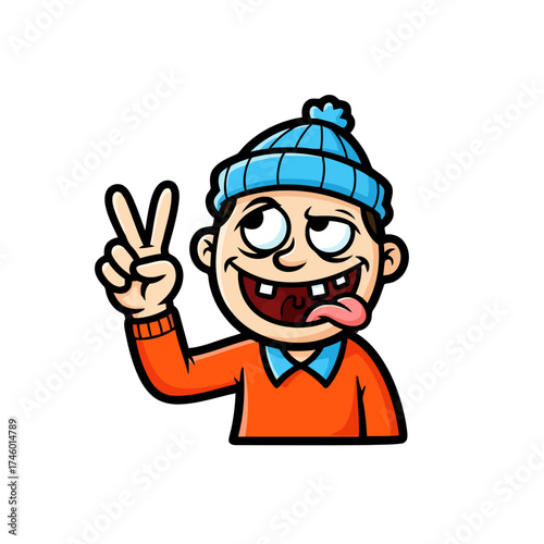 Cartoon boy wearing beanie hat, sticking his tongue out and making peace sign