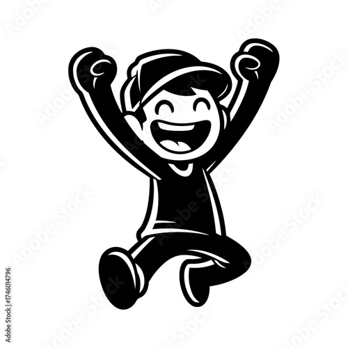 Joyful cartoon boy jumping with arms raised in celebration