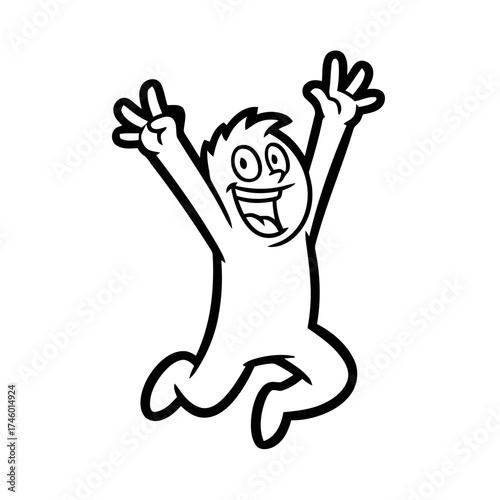 Excited cartoon character jumping in the air with arms raised and mouth open in cheer