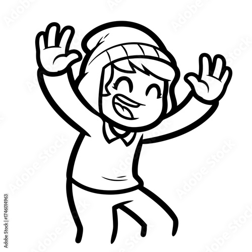 Joyful cartoon character with arms raised in celebration, wearing beanie and smiling widely