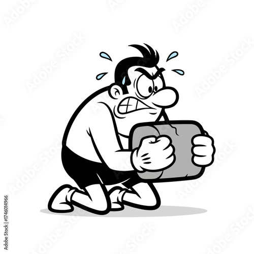 Cartoon man struggling to lift heavy rock, showing exertion and effort