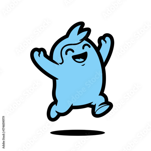 Cute blue cartoon monster character jumping with joy and excitement
