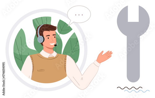 Smiling man with headset and speech bubble gesturing helps with tools, service, and support themes. Ideal for customer service, technical assistance, troubleshooting, communication, technology