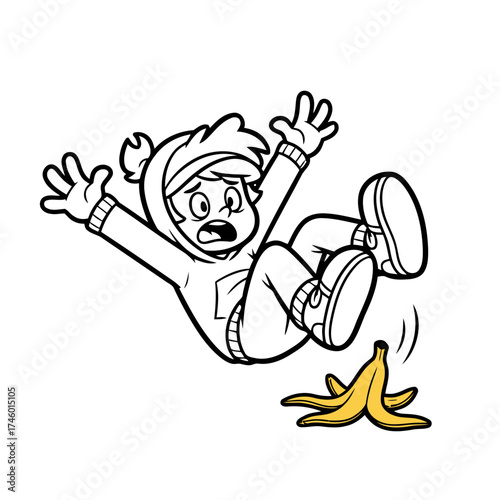 Cartoon boy slipping on banana peel