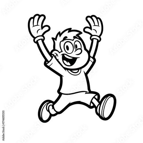 Happy cartoon boy jumping with arms raised