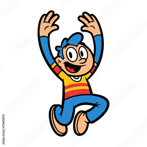 Happy cartoon boy with blue hair and striped shirt jumping with arms raised