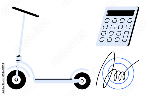 Electric scooter represents eco-friendly commuting, calculator for cost and budgeting, signature signifies agreement or legal document. Ideal for technology, financial transactions, urban transport