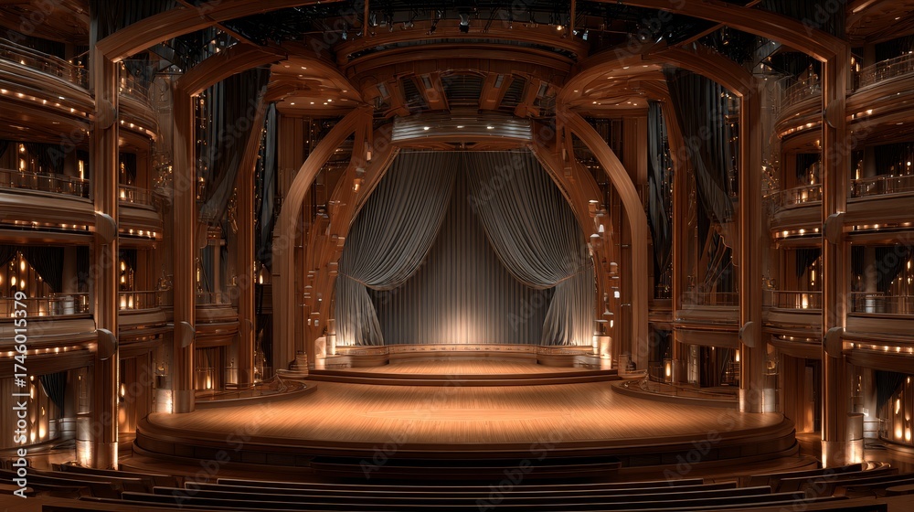 Obraz premium An ornate and grand theater stage with elegant wooden architecture