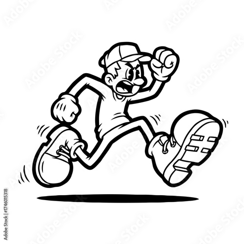 Action cartoon man running with determination, wearing cap and boots