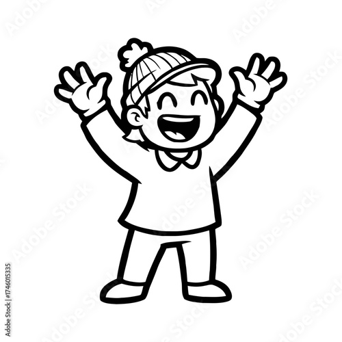 Happy cartoon child with arms raised in excitement