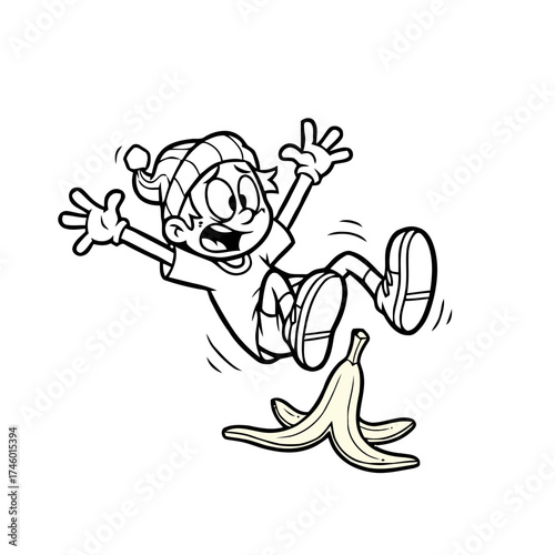 Cartoon boy slipping on banana peel, wearing beanie