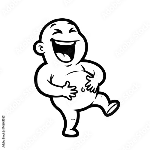Chubby cartoon baby character laughing heartily, holding its belly with both hands, with legs apart and joyful, ecstatic expression