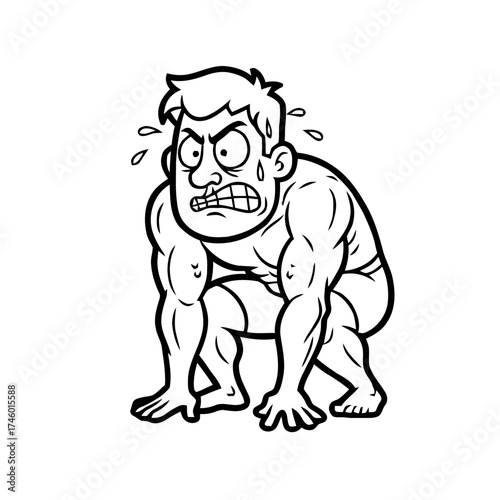 Muscular cartoon man in squatting pose, sweating and grimacing with intense effort