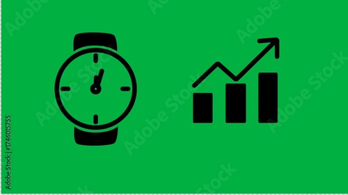 Time management and business growth icons simple flat vector design isolated on green background
