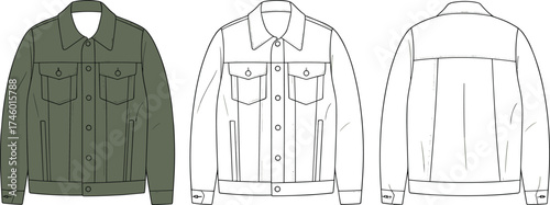 Front and back technical fashion flat sketch of denim jacket with pockets and collar, vector apparel design, clothing template mockup.