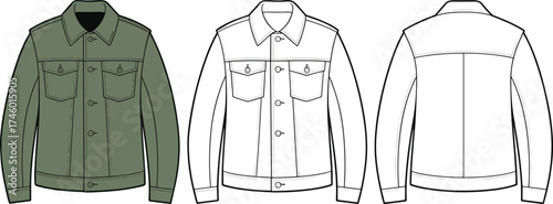 Front and back technical fashion flat sketch of denim jacket, vector illustration for clothing design, casual outerwear template, apparel mockup.