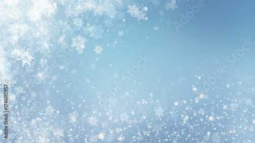 Delicate falling snow crystals and shimmering particles on a light blue background