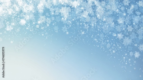 Delicate white snowflakes falling against a serene light blue gradient background with shimmering sparkles