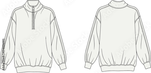 Front and back technical fashion flat sketch of half zip pullover sweatshirt, vector apparel illustration, casual clothing design template, mockup.