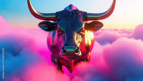 Stylized Metallic Bull with Golden Horns Amidst Colorful Clouds.