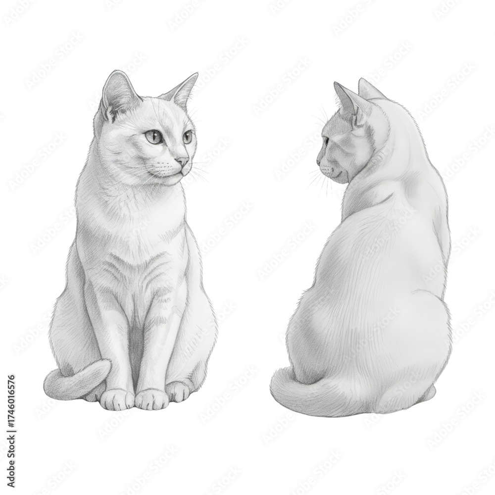 Obraz premium Monochrome feline elegance digital artwork showcasing two elegant white cats in a graceful pose on