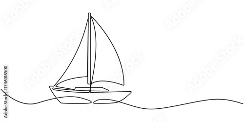 Continuous one line drawing of sailboat or yacht single line drawing outline vector art illustration, One continuous line drawing of sailboat, Sailboat single minimal line drawing on white background.