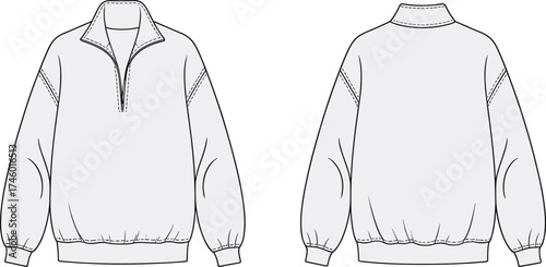Front and back technical fashion flat sketch of pullover sweatshirt with half zipper, vector apparel design, casual clothing template, mockup.