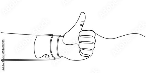 Thumbs up, continuous one line drawing illustration. Continuous line drawing of hand finger thumb up approval sign gesture. Continuous line finger up, and-drawn vector illustration of linear.