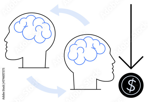 Two human brains connected with arrows symbolize idea sharing, innovation, and knowledge transfer leading to financial outcomes. Ideal for creativity, business growth, teamwork, education