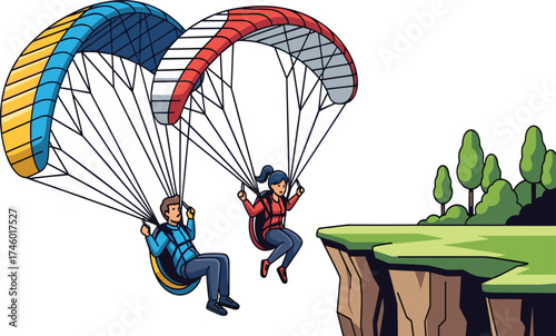 Adventure couple paragliding over mountain cliff, extreme sport outdoor activity, people flying with parachute, scenic travel tourism adventure landscape background