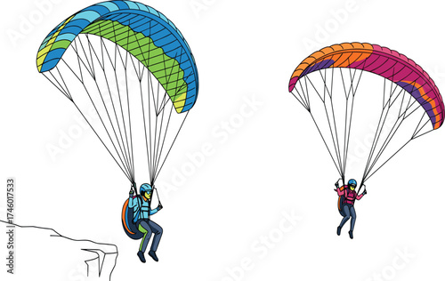 Adventure paragliding sport with two people flying colorful parachutes in blue sky, extreme outdoor activity, mountain cliff jump experience, freedom