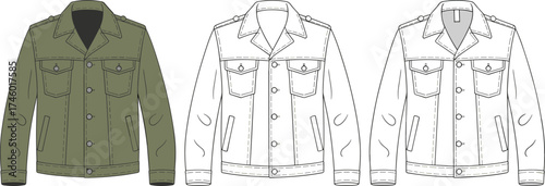 Front technical fashion flat sketch of denim trucker jacket, vector apparel illustration with pockets and collar, clothing design template, mockup.