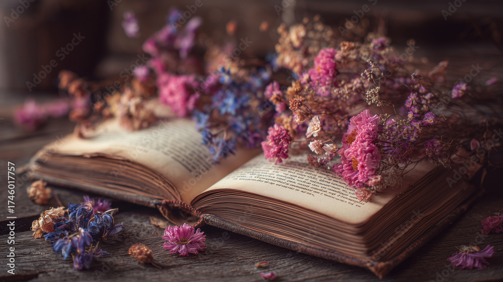 Fototapeta premium ドライフラワーとノート / Notebook with Dried Flowers