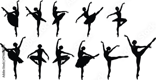 Graceful ballerina silhouettes performing elegant poses, classical dance art, feminine ballet motion, artistic performance, professional ballet dancer illustration on whi