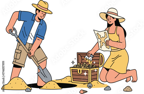 Couple discovering hidden treasure chest on beach, man digging sand with shovel, woman holding map, summer adventure, gold coins, cartoon illustration