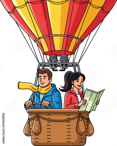Couple enjoying hot air balloon ride, adventure travel activity, romantic journey above sky, scenic tourism experience, outdoor exploration holiday adventure