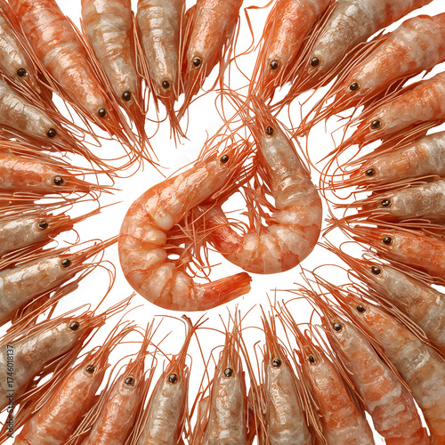 An artistic arrangement of fresh shrimp isolated on transparent background, radiating outwards with their delicate forms and subtle hues in a culinary masterpiece