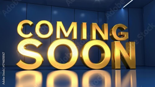 Cinematic text animation: Coming soon golden 3d text in reflective blue studio with dramatic lighting glossy floor and golden letters creating anticipation and excitement ideal for brand identity 