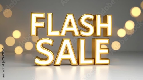 Futuristic neon signage: Flash sale glowing gold letters reflective floor with bokeh lights creating energetic promotional excitement. neon promotional sign glowing text designed for advertising