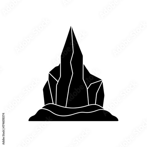 Sharp black rock outcrop on transparent background silhouette
