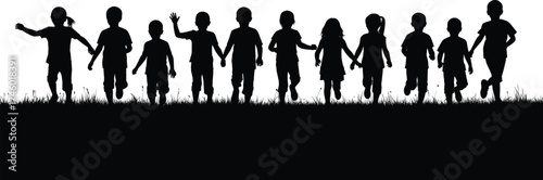 Group of happy children silhouettes holding hands on grass field, friendship unity, childhood fun, teamwork concept, outdoor play illustration.