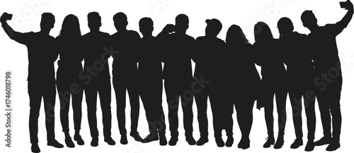 Group of people silhouette taking selfie together, teamwork friendship unity concept, diverse community illustration, social connection and togetherness art